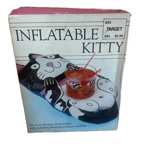 Vintage Inflatable (2) Cat Kitten Floating Pool Glass Caddy Drink Holder NEW NOS